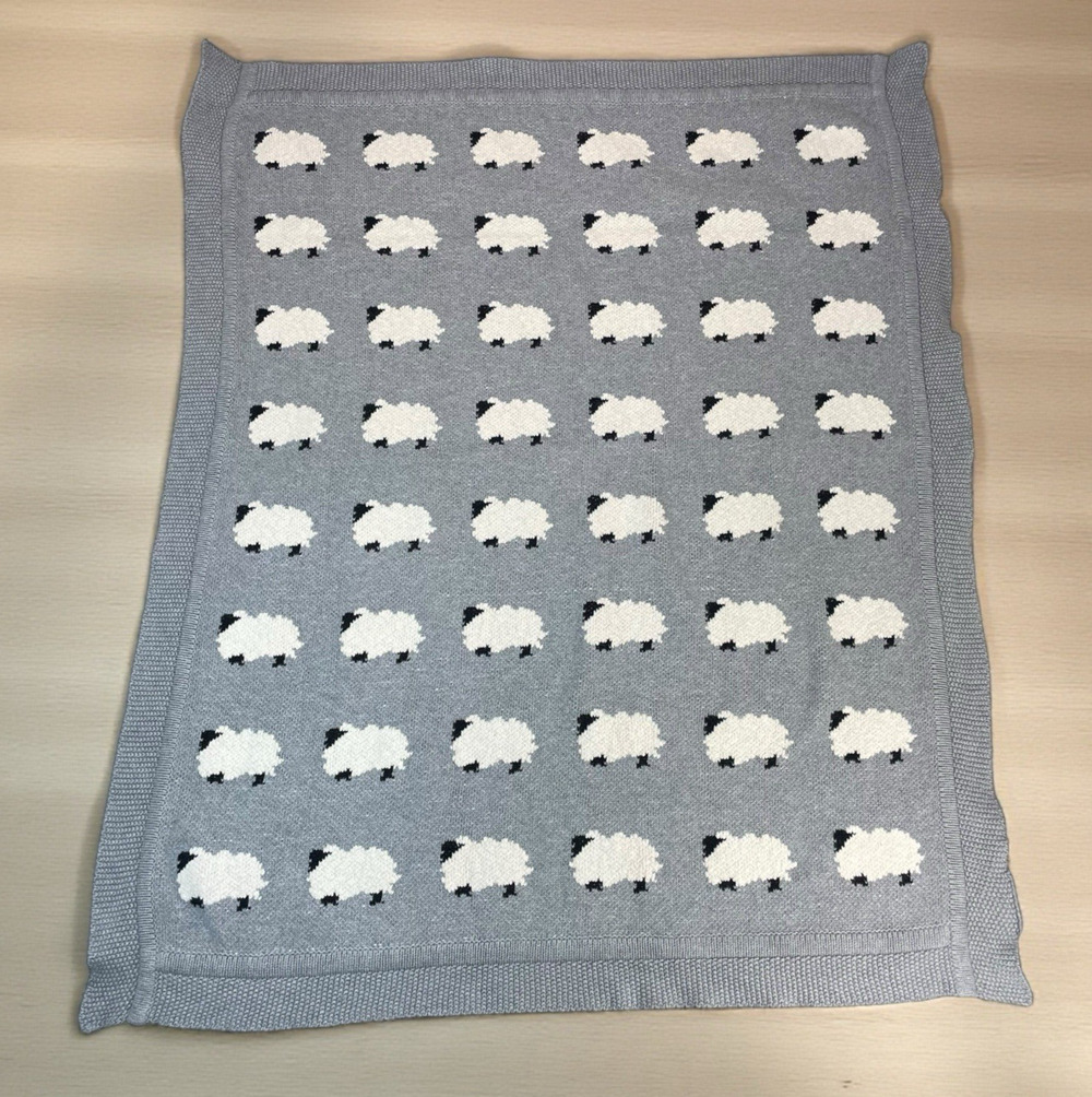 Knit Baby Blanket All Over White Sheep Design Farmhouse Lovey Throw 39 x 32 Gray